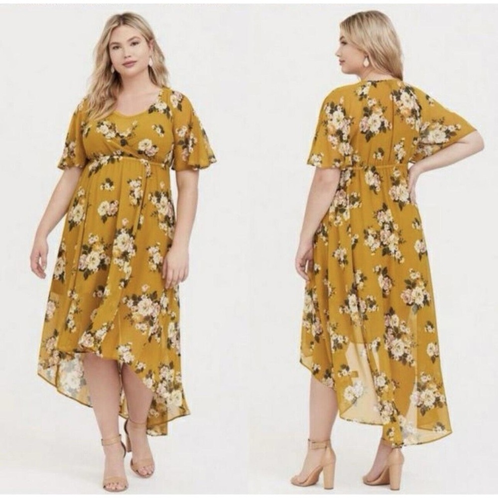 Torrid • Floral Hi-Low Dress • Mustard Yellow • Size 1 (Plus)